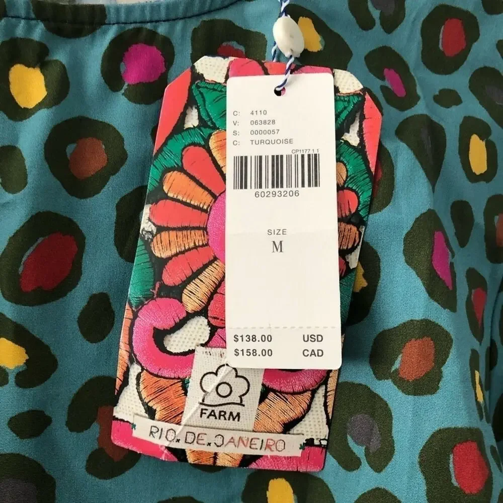 Anthropologie x Farm Rio Hanya Puff Sleeve Blouse Turquoise Colorful Leopard NEW